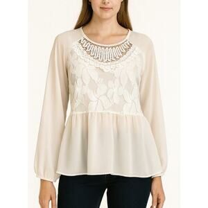 Flying Tomatoe semi sheer vanilla white crochet top blouse long sleeve MD